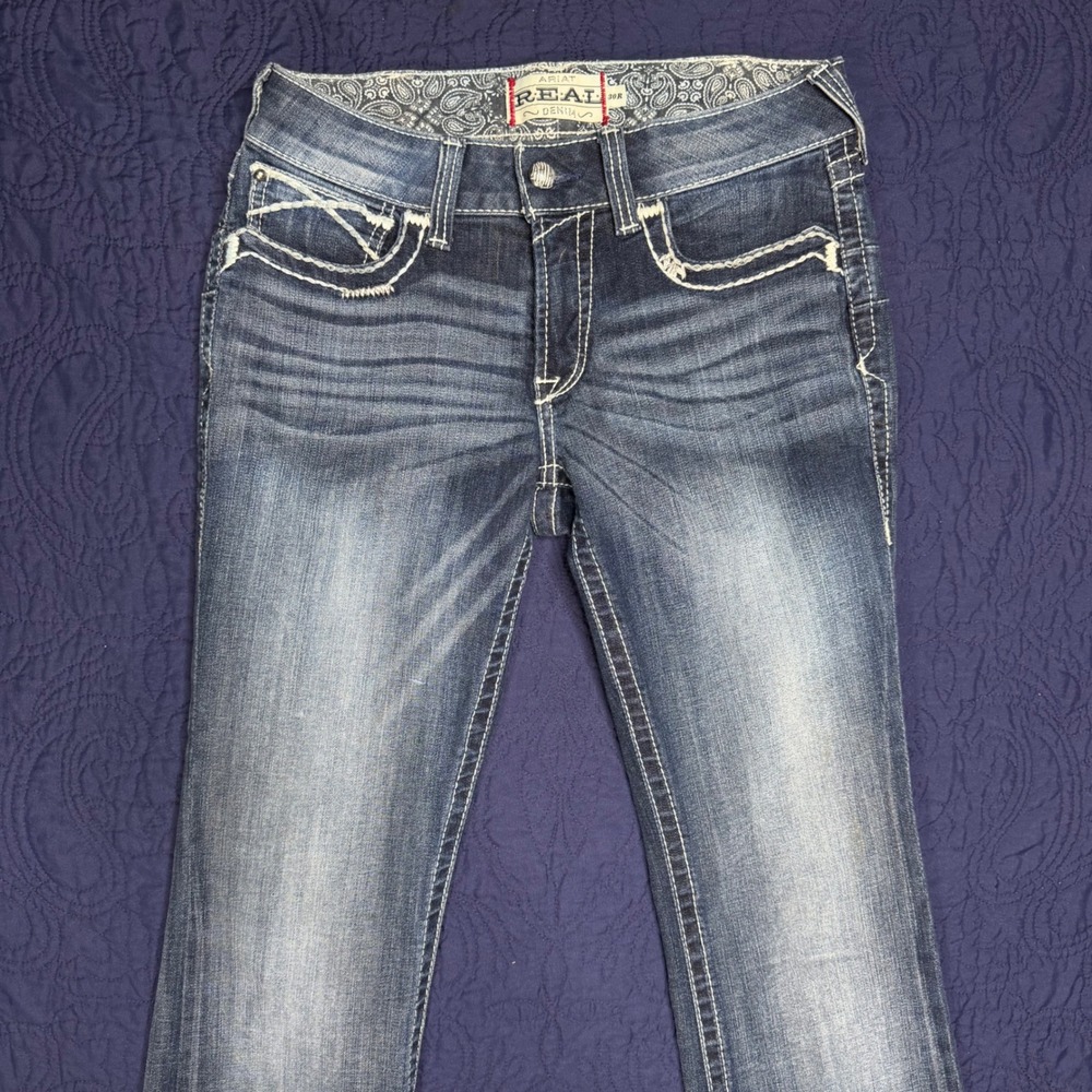 Y2K Ariat Real Denim Womens 30R Mid Rise Bootcut Jeans Medium Wash Embroidered